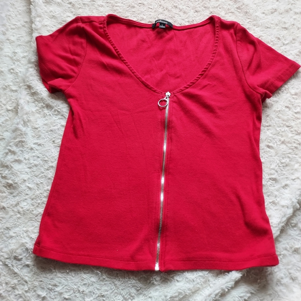 Ambiance Bright Red Casual Cotton Short Sleeve Zipper Top Edgy Moto Chic